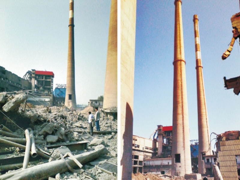 河南開封電廠150米和180米鋼筋混凝土煙囪爆破拆除工程